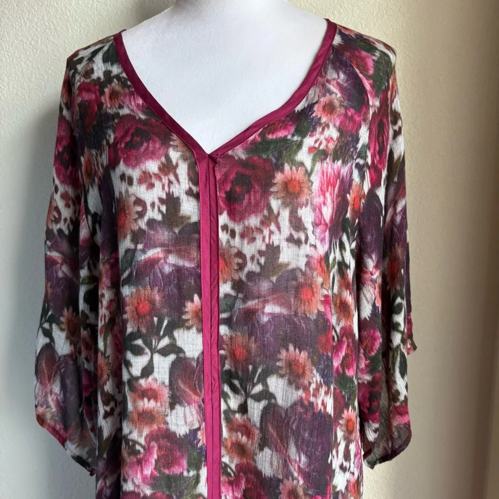 Johnny Was 3J Workshop Fuchsia Floral Gauzy Tunic Top S - Picture 1 of 6